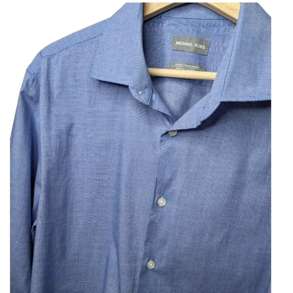 Michael KORS Mens Sz L Blue Long Sleeve Button Up Slim fit Stretch Dress Shirt - Picture 1 of 13